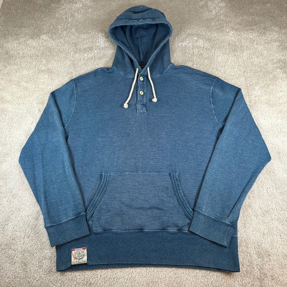 VTG Polo Ralph Lauren Waffle Knit Hoodie Mens Large Blue Henley Thermal Pullover